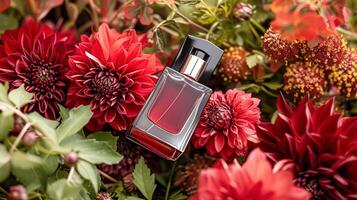 profumo bottiglia nel fiori, fragranza su fioritura sfondo, floreale profumo e cosmetico Prodotto foto