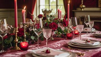 ai generato san valentino giorno tablescape e tavolo arredamento, romantico tavolo ambientazione con fiori, formale cena e Data, bellissimo posate e vasellame foto