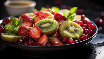 ai generato freschezza e dolcezza di frutta nel un' buongustaio dolce ciotola generato di ai foto