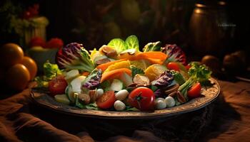 ai generato fresco, salutare insalata con biologico verdure su un' di legno tavolo generato di ai foto