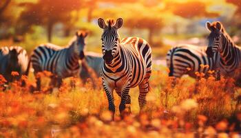 ai generato zebra mandria pascolo su il africano savana sotto il tramonto generato di ai foto