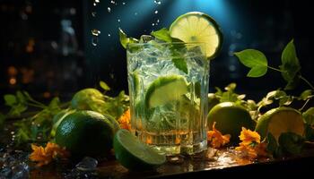 ai generato rinfrescante Mojito cocktail con lime fetta, menta foglia, e bibita generato di ai foto