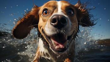 ai generato carino cucciolo giocando nel acqua, bagnato e contento generato di ai foto