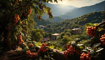 ai generato fresco frutta e verdure cresciuto nel un' bellissimo rurale paesaggio generato di ai foto