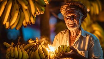 ai generato sorridente uomo Tenere fresco Banana, godendo salutare biologico agricoltura all'aperto generato di ai foto