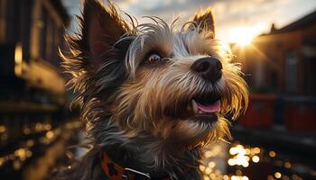 ai generato carino terrier cucciolo seduta all'aperto, guardare a telecamera generato di ai foto