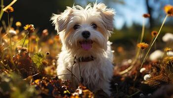 ai generato carino cucciolo seduta nel erba, godendo natura generato di ai foto