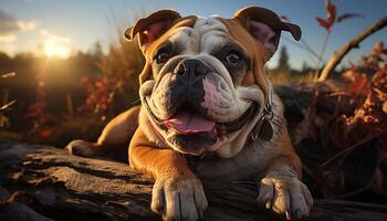 ai generato carino bulldog cucciolo seduta su erba, godendo natura generato di ai foto
