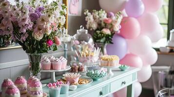 ai generato compleanno tablescape o caramella bar con dolci, compleanno torta e cupcakes, bellissimo festa celebrazione foto