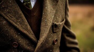 ai generato abbigliamento maschile autunno inverno capi di abbigliamento e tweed accessorio collezione nel il inglese campagna, uomo moda stile, classico signore Guarda foto