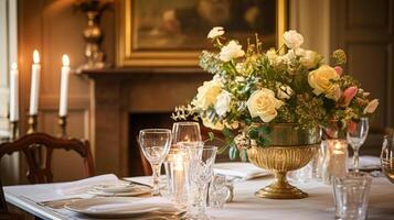 ai generato vacanza celebrazione tavolo arredamento, festivo tablescape nel cenare camera, candele e fiori decorazione per formale famiglia cena nel il inglese nazione Casa, campagna interno design foto