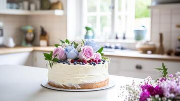 ai generato fatti in casa compleanno torta nel il inglese campagna Casa, Villetta cucina cibo e vacanza cottura al forno ricetta foto