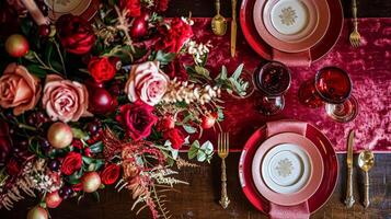 ai generato san valentino giorno tablescape e tavolo arredamento, romantico tavolo ambientazione con fiori, formale cena e Data, bellissimo posate e vasellame foto
