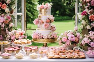 ai generato nozze torta con floreale arredamento, festa celebrazione e vacanza dolce ristorazione nel un' nazione giardino, generativo ai foto