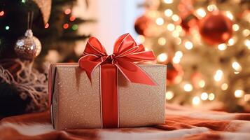 ai generato Natale regalo scatola vicino accogliente camino nel il inglese nazione villetta, inverno vacanze, boxe giorno celebrazione e vacanza shopping foto
