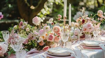ai generato giardino festa tavolozza, eleganza con floreale tavolo arredamento foto