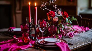 ai generato san valentino giorno tablescape e tavolo arredamento, romantico tavolo ambientazione con fiori, formale cena e Data, bellissimo posate e vasellame foto