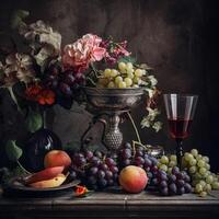 ai generato classico ancora vita con frutta e vino foto