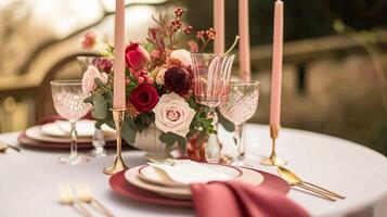 ai generato san valentino giorno tablescape e tavolo arredamento, romantico tavolo ambientazione con fiori, formale cena e Data, bellissimo posate e vasellame foto