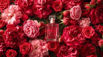 ai generato profumo bottiglia nel fiori, fragranza su fioritura sfondo, floreale profumo e cosmetico Prodotto foto