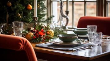 ai generato Natale vacanza famiglia colazione, tavolo ambientazione arredamento e festivo tavolozza, inglese nazione e casa messa in piega foto