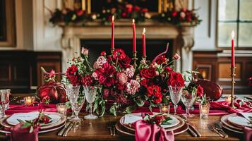 ai generato san valentino giorno tablescape e tavolo arredamento, romantico tavolo ambientazione con fiori, formale cena e Data, bellissimo posate e vasellame foto