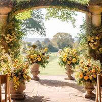 ai generato nozze corridoio, floreale arredamento e matrimonio cerimonia, autunnale fiori e decorazione nel il inglese campagna giardino, autunno nazione stile foto