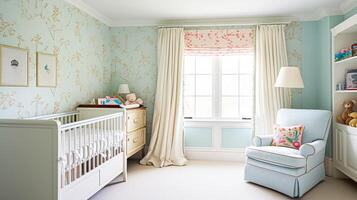 ai generato bambino camera arredamento e interno design ispirazione nel il inglese campagna stile Villetta foto