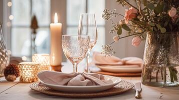 festivo Data notte tablescape idea, cena tavolo ambientazione per Due e Natale, nuovo anno, san valentino giorno arredamento, inglese nazione casa messa in piega foto