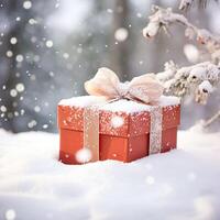 ai generato Natale vacanza regalo e regalo, regalo scatola nel il neve nel nevicata inverno campagna natura per boxe giorno, vacanze shopping vendita foto