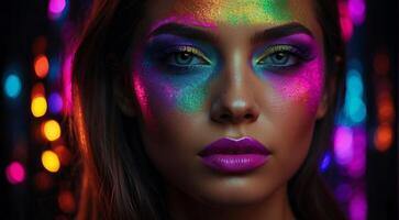 ai generato ritratto di un' donna con creativo rendere su, bella giovane donna uv neon pigmento trucco fluorescente colori, buio sfondo, uv trucco foto