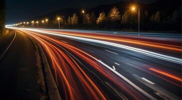 ai generato colorato auto leggero sentieri, lungo esposizione foto a notte, fantastico notte scena, superiore Visualizza, un' lungo esposizione foto a il notte