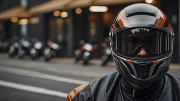 ai generato avvicinamento di un' motociclista su motociclo, motociclista equitazione un' bicicletta, motociclista con casco foto