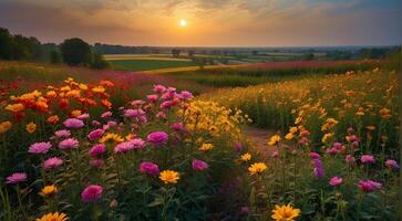 ai generato bellissimo fiore campo, estate scena, bellissimo fiori nel il campo, verde natura, panoramico Visualizza foto