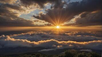 ai generato sole raggi attraverso il nuvole, tramonto, d'oro ora, blu cielo con nuvole, nuvole nel il cielo, panoramico Visualizza di nuvole, nube sfondo foto