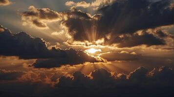 ai generato sole raggi attraverso il nuvole, tramonto, d'oro ora, blu cielo con nuvole, nuvole nel il cielo, panoramico Visualizza di nuvole, nube sfondo foto