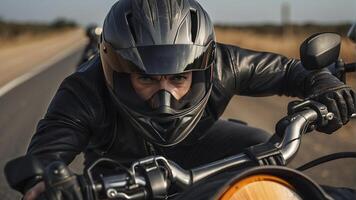 ai generato avvicinamento di un' motociclista su motociclo, motociclista equitazione un' bicicletta, motociclista con casco foto