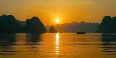 ai generato ah lungo baia, halong baia mondo eredità luogo, calcare isole, Smeraldo acque con Barche nel Provincia, Vietnam. tramonto, viaggio destinazione, naturale Meraviglia paesaggio sfondo sfondo foto