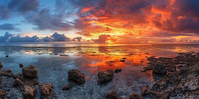 ai generato grande barriera scogliera su il costa di Queensland, Australia roccioso spiaggia paesaggio marino. rocce e ciottoli, viola e arancia d'oro ora tramonto sera cielo orizzonte mare sfondo sfondo foto