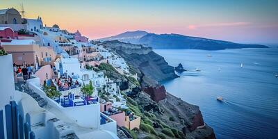 ai generato santorini thira isola nel meridionale Egeo mare, Grecia giorno. fira e Oia cittadina con bianca case prospiciente scogliere, spiagge, e piccolo isole panorama sfondo sfondo foto