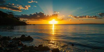 ai generato calma mare tramonto paesaggio. viola, rosa, arancia ardente d'oro ora sera cielo nel il orizzonte. consapevolezza, meditazione, calma, serenità, rilassamento concetto sfondo sfondo foto