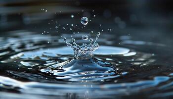 ai generato avvicinamento di un' acqua far cadere spruzzo nel nel un' stagno. macro sparo, blu e grigio toni, superficie tensione, bellissimo natura foto