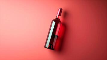 ai generato vino bottiglia per finto su al di sopra di aereo rosa sfondo. foto