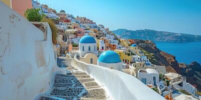 ai generato santorini thira isola nel meridionale Egeo mare, Grecia giorno. fira e Oia cittadina con bianca case prospiciente scogliere, spiagge, e piccolo isole panorama sfondo sfondo foto