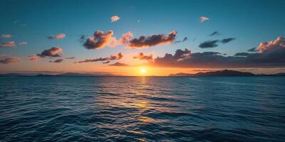 ai generato calma mare tramonto paesaggio. viola, rosa, arancia ardente d'oro ora sera cielo nel il orizzonte. consapevolezza, meditazione, calma, serenità, rilassamento concetto sfondo sfondo foto