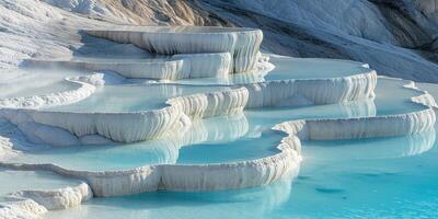 ai generato minerale ricco bambino blu termico acque nel bianca travertino terrazze su un' pendio nel pamukkale, tacchino. all'aperto terme nel natura, viaggio destinazione, rilassamento e quiete paesaggio foto