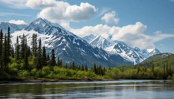 ai generato nevoso montagne di alaska, paesaggio con foreste, valli, e fiumi nel giorno. mozzafiato natura composizione sfondo sfondo, viaggio destinazione, avventura all'aperto foto