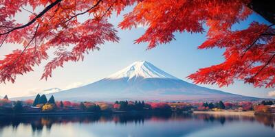 ai generato mt. fuji, montare fuji-san il più alto vulcano montagna nel tokyo, Giappone. neve capped picco, conico sacro simbolo, autunno autunno, rosso alberi, natura paesaggio fondale sfondo sfondo, viaggio foto