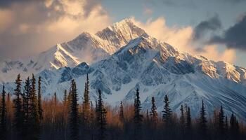 ai generato nevoso montagne di alaska, paesaggio con foreste, valli, e fiumi nel giorno. mozzafiato natura composizione sfondo sfondo, viaggio destinazione, avventura all'aperto foto