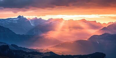 ai generato svizzero Alpi nevoso montagna gamma con valli e prati, campagna nel Svizzera paesaggio. d'oro ora maestoso ardente tramonto cielo, viaggio destinazione sfondo sfondo foto